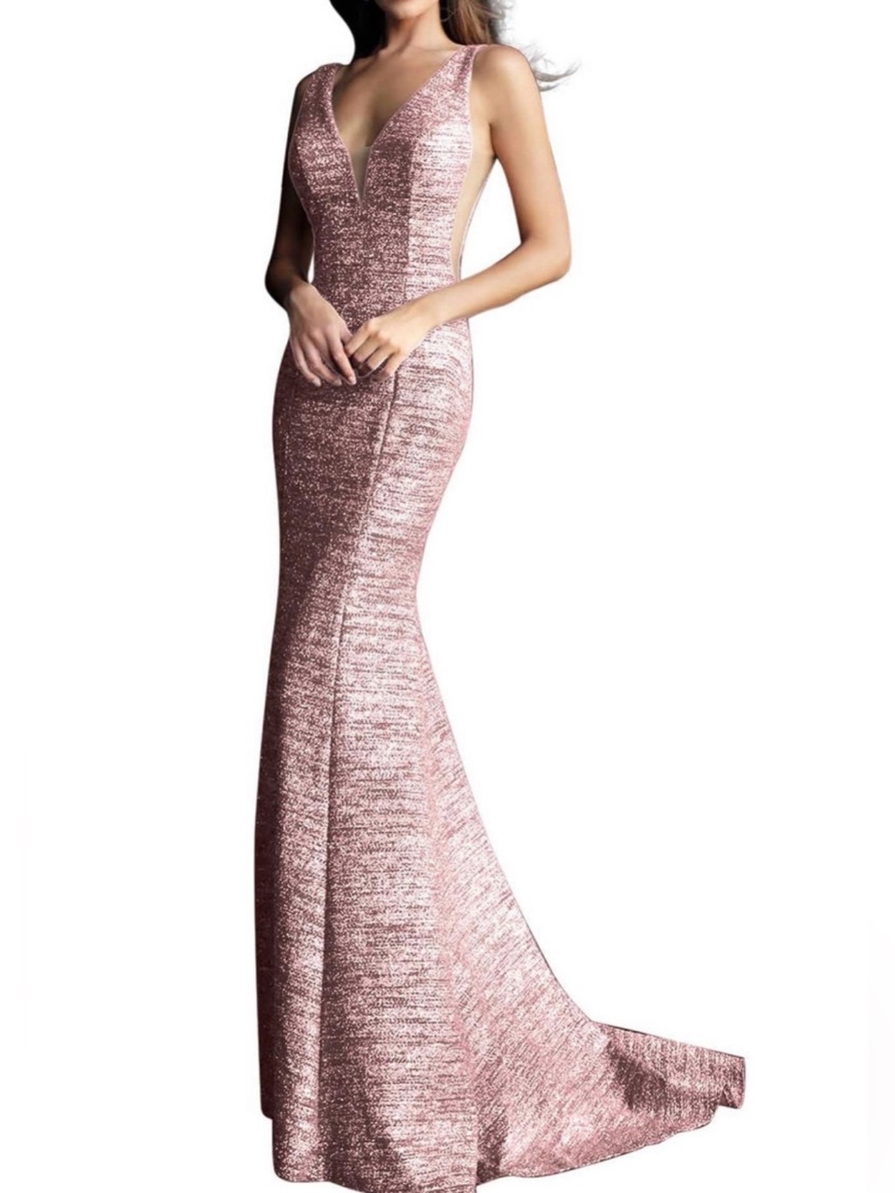 NWT Jovani 45811 Glitter Plunging V-Neck Mermaid Prom Gown Rose Gold Size 2